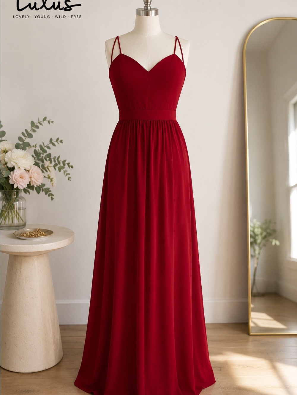 Lulu's Crimson Double-Spaghetti Strap Maxi Dress